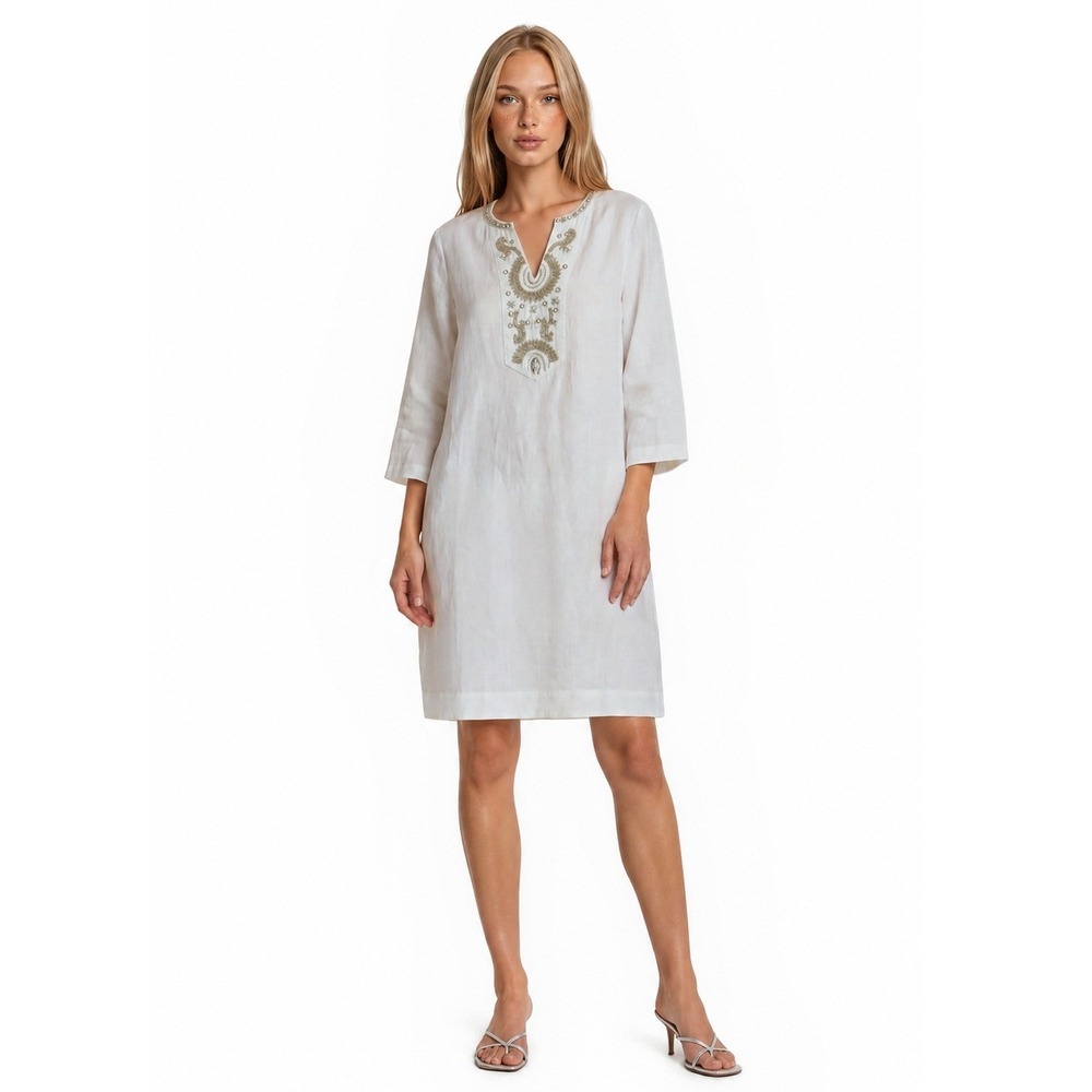 Chico's 100% Linen Tunic Dress Women's Size 10 1.5 White Beaded Sequin Beaded